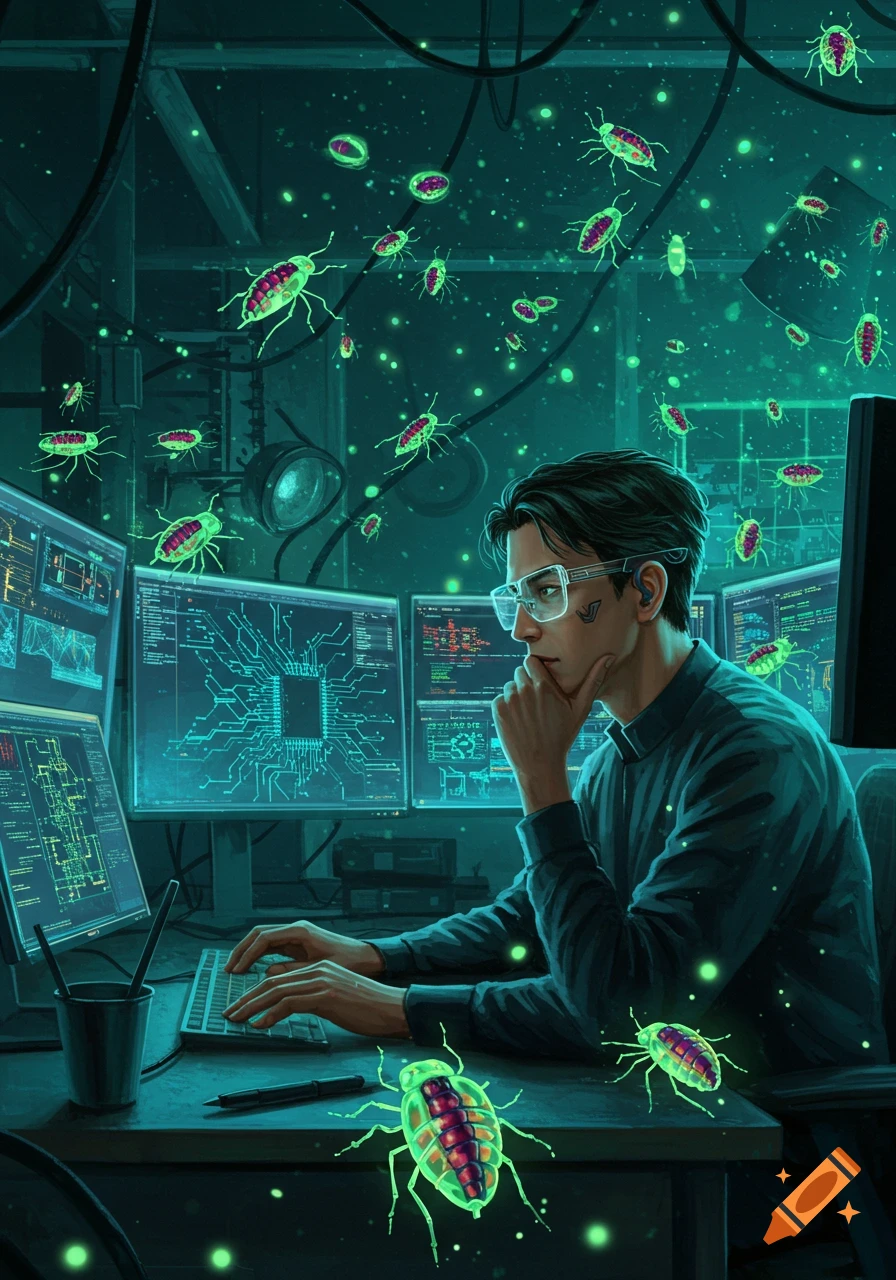 A man in glasses works at multiple glowing computer screens, surrounded by digital green bugs in a dark, tech-filled room.
