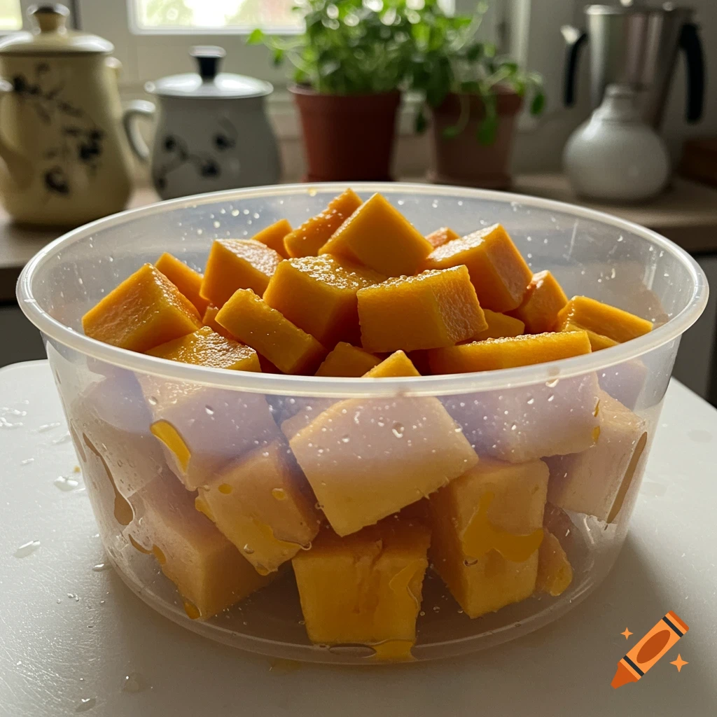 A clear plastic bowl filled with diced orange fruit, possibly papaya, with water droplets on the bowl, in a kitchen.