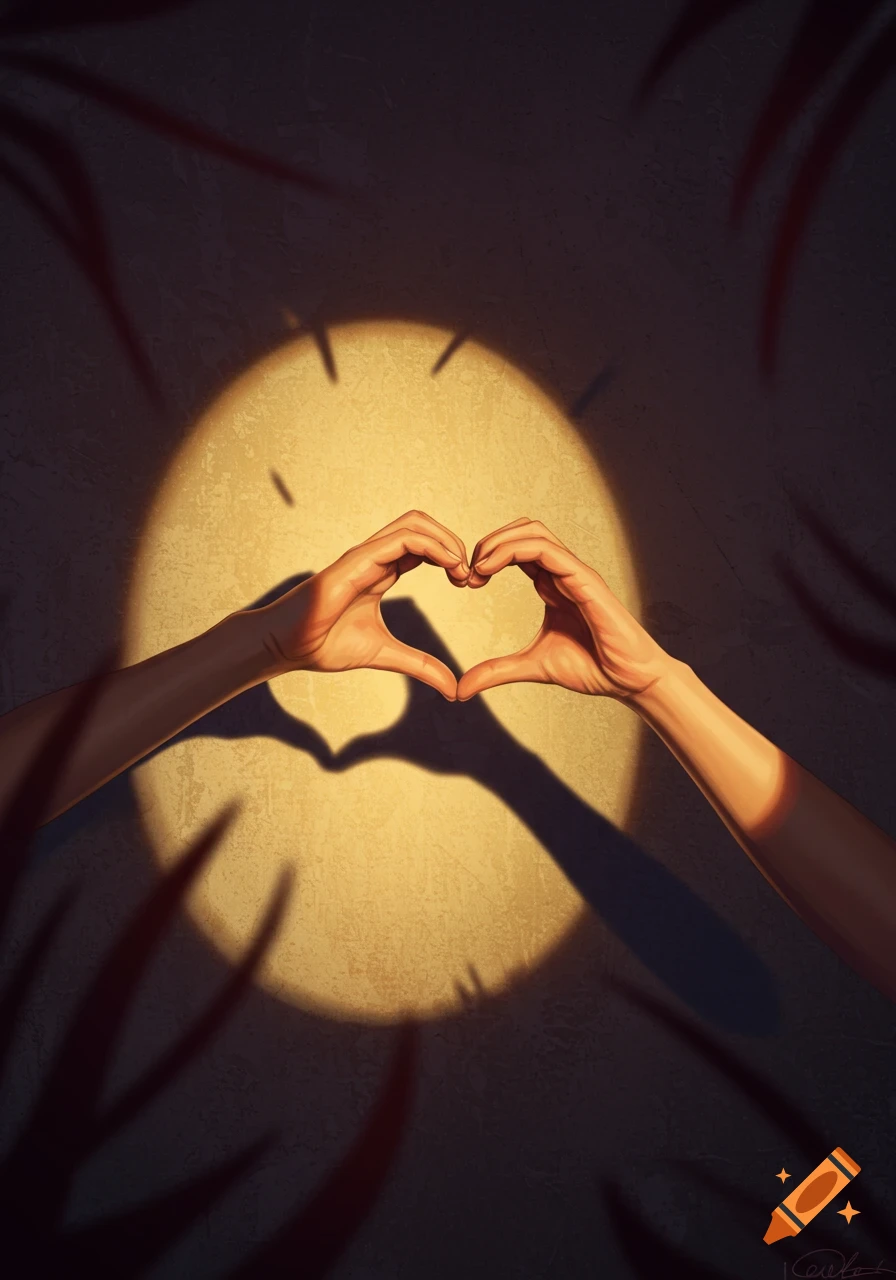 Two hands form a heart shape with their shadows on a textured wall, illuminated by a spotlight with clock markings.