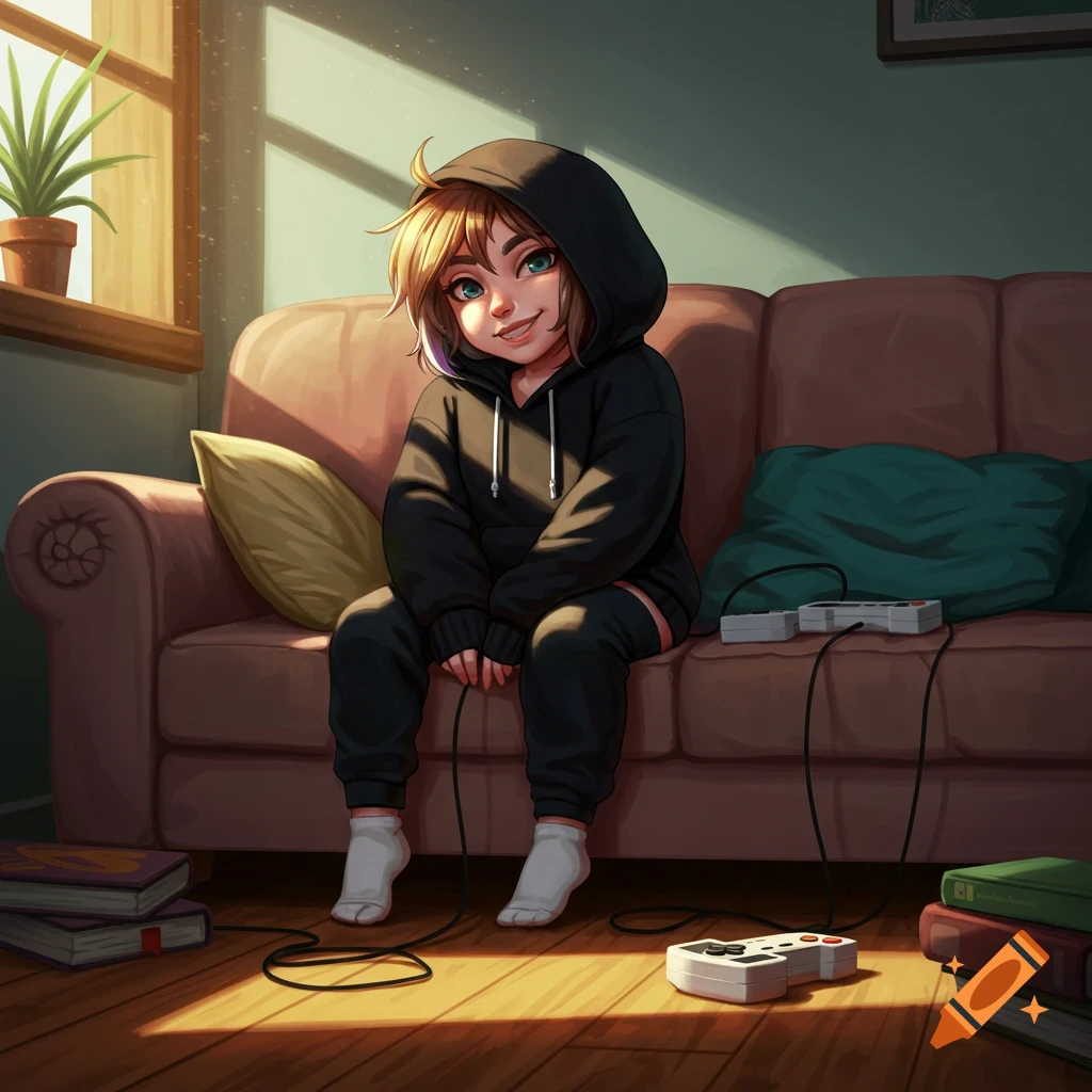 An anime character in a black hoodie smiles while sitting on a couch next to video game controllers and books.