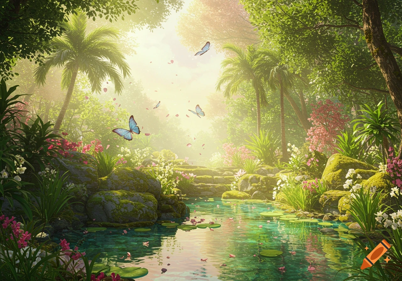 A vibrant, sun-drenched fantasy landscape with a clear stream, lush green foliage, colorful flowers, and light blue butterflies.