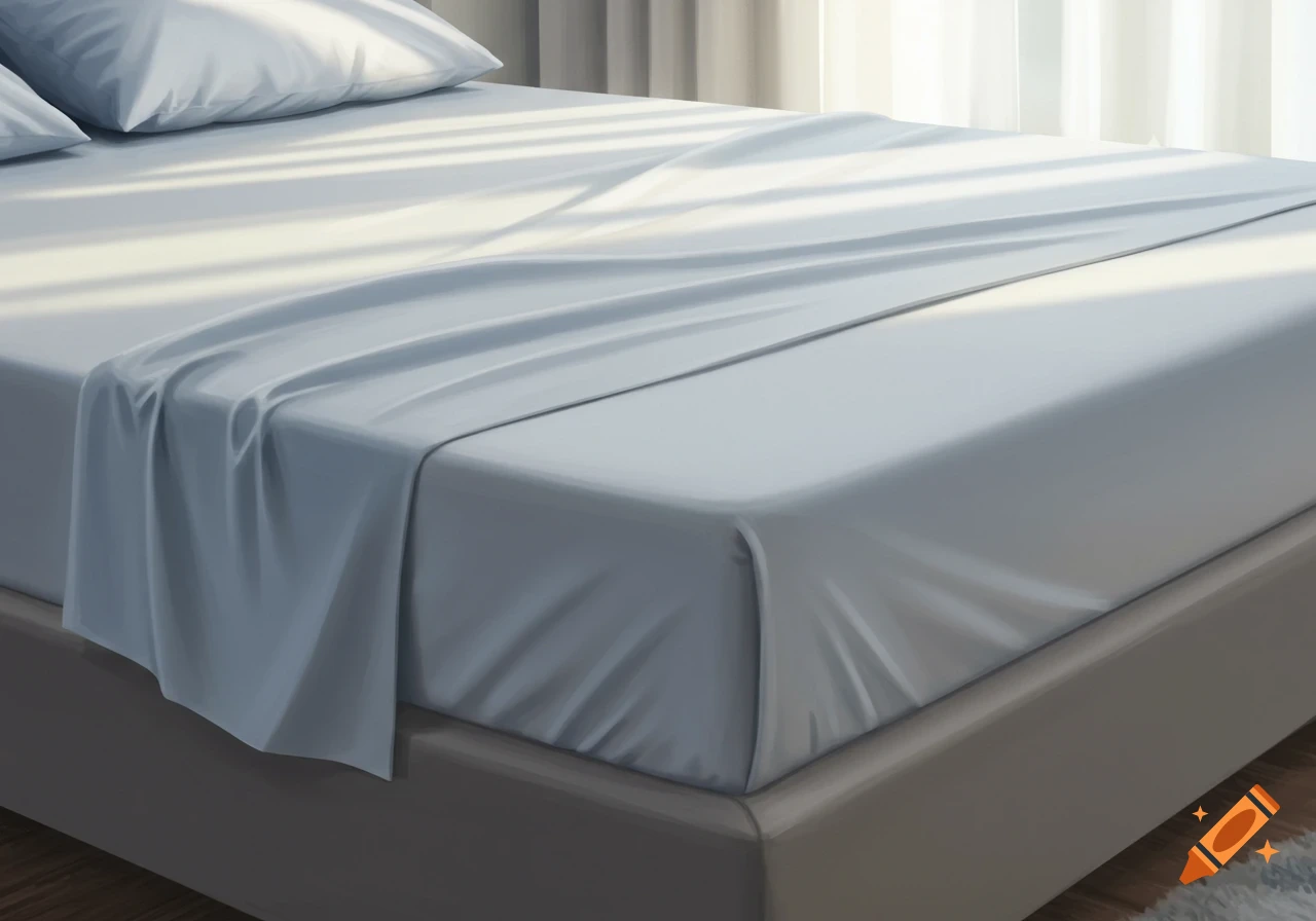 A neatly made bed with white sheets and pillows is illuminated by sunlight casting horizontal shadows across it, beside a window with sheer curtains.