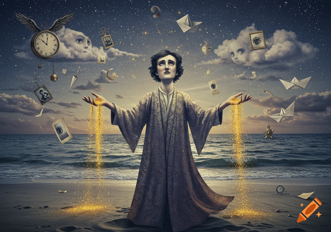 A stylized figure resembling Edgar Allan Poe stands on a beach with outstretched hands, golden sand flowing from them. Surreal elements like winged clocks, eyes in clouds, and paper boats float in a starry sky above the ocean.