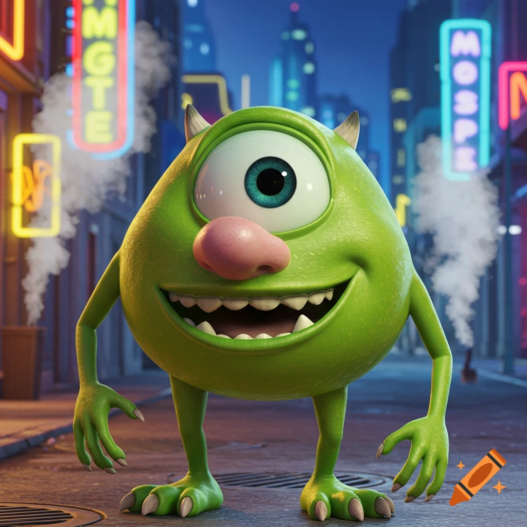 A green, one-eyed monster with a big smile and a pink nose stands on a city street at night with neon signs.