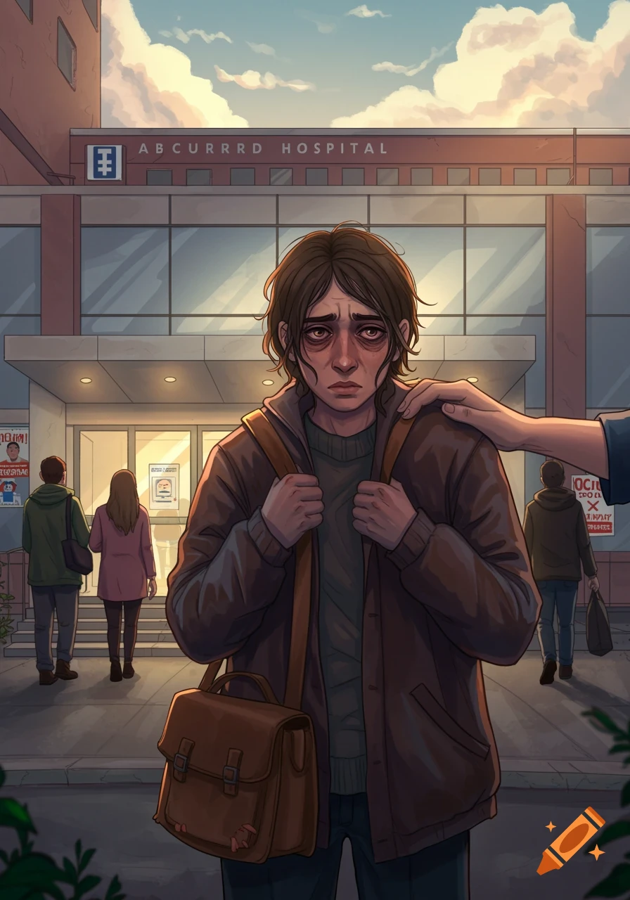 A distraught person with dark circles under their eyes stands outside a hospital, with a comforting hand on their shoulder. They carry a satchel and wear a brown jacket. The hospital sign reads "ABCURRRD HOSPITAL" at sunset.