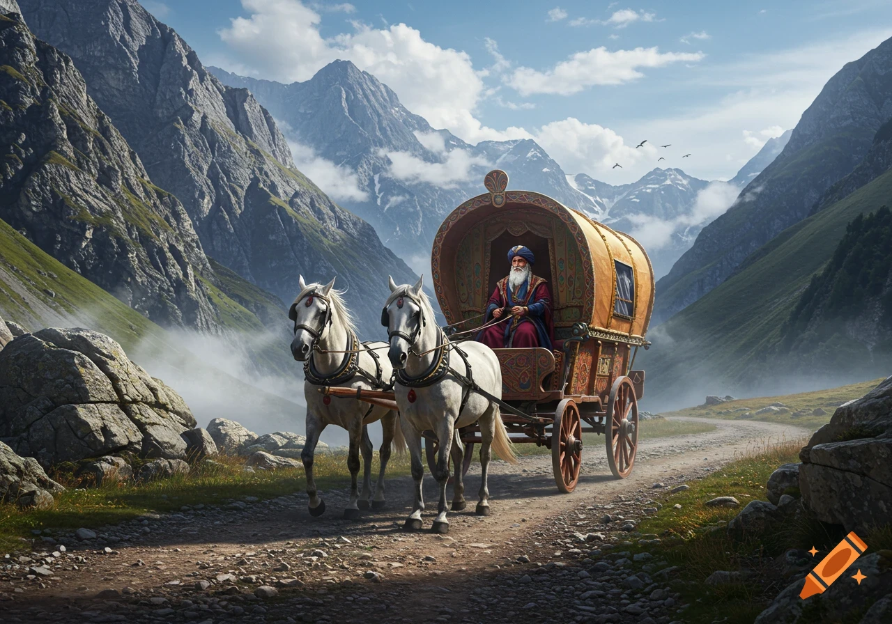 A wizard with a white beard drives an ornate wagon pulled by two white horses down a rocky mountain road.
