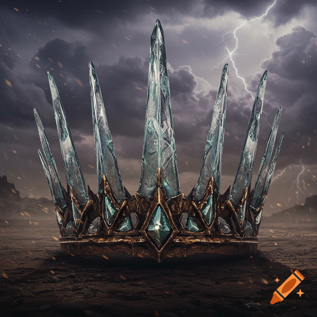A detailed, post-apocalyptic crown crafted from sharp, broken glass shards and dark metal, set on desolate ground under a stormy, lightning-filled sky.
