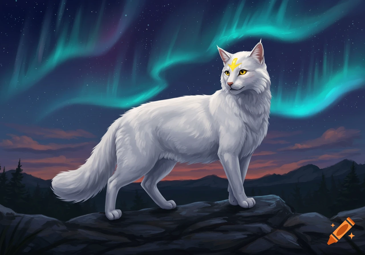 A white cat with a yellow lightning bolt mark on its forehead stands on a rock under a starry night sky with aurora borealis.