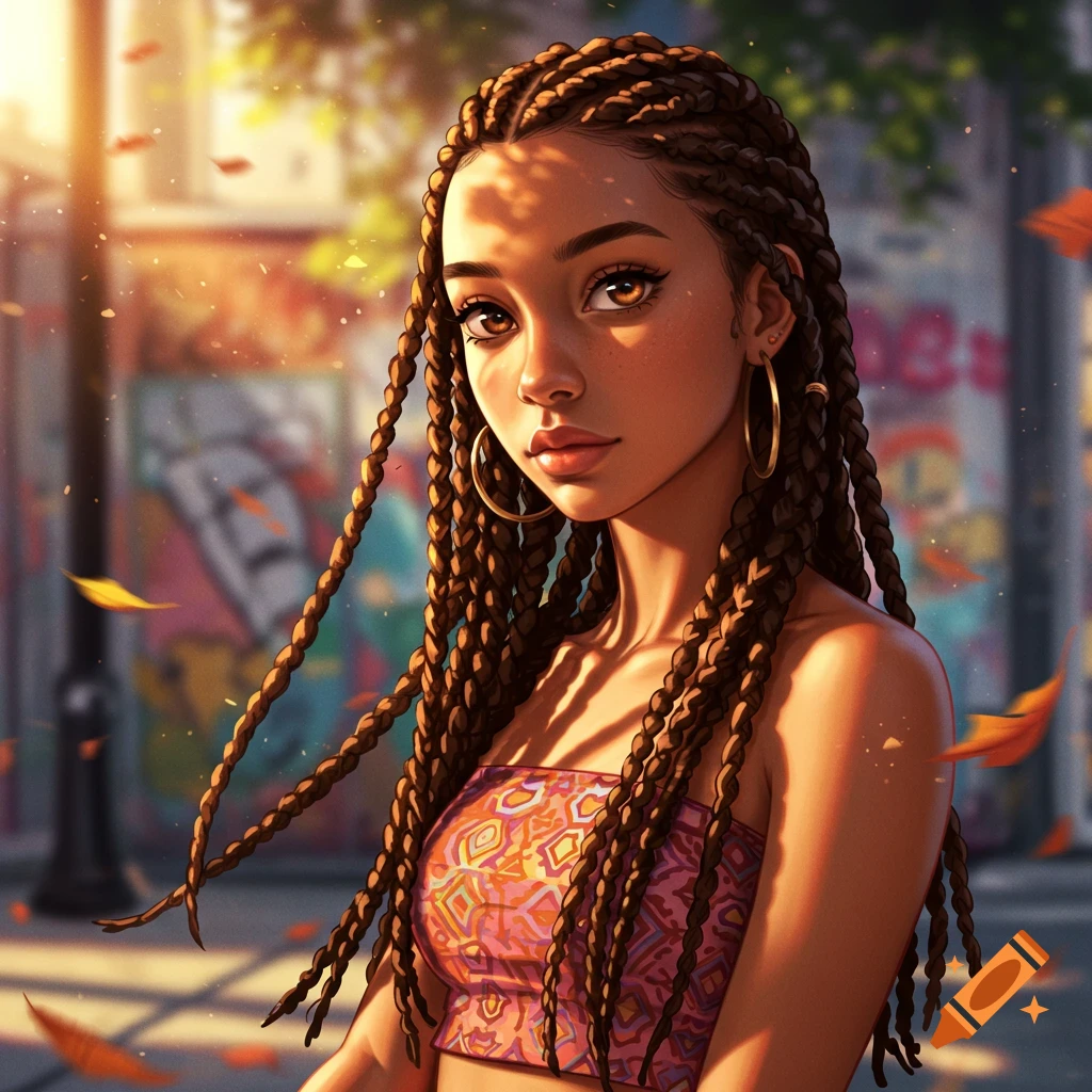 Stylized digital art portrait of a young woman with box braids and amber eyes, in a sunlit urban setting with falling leaves.