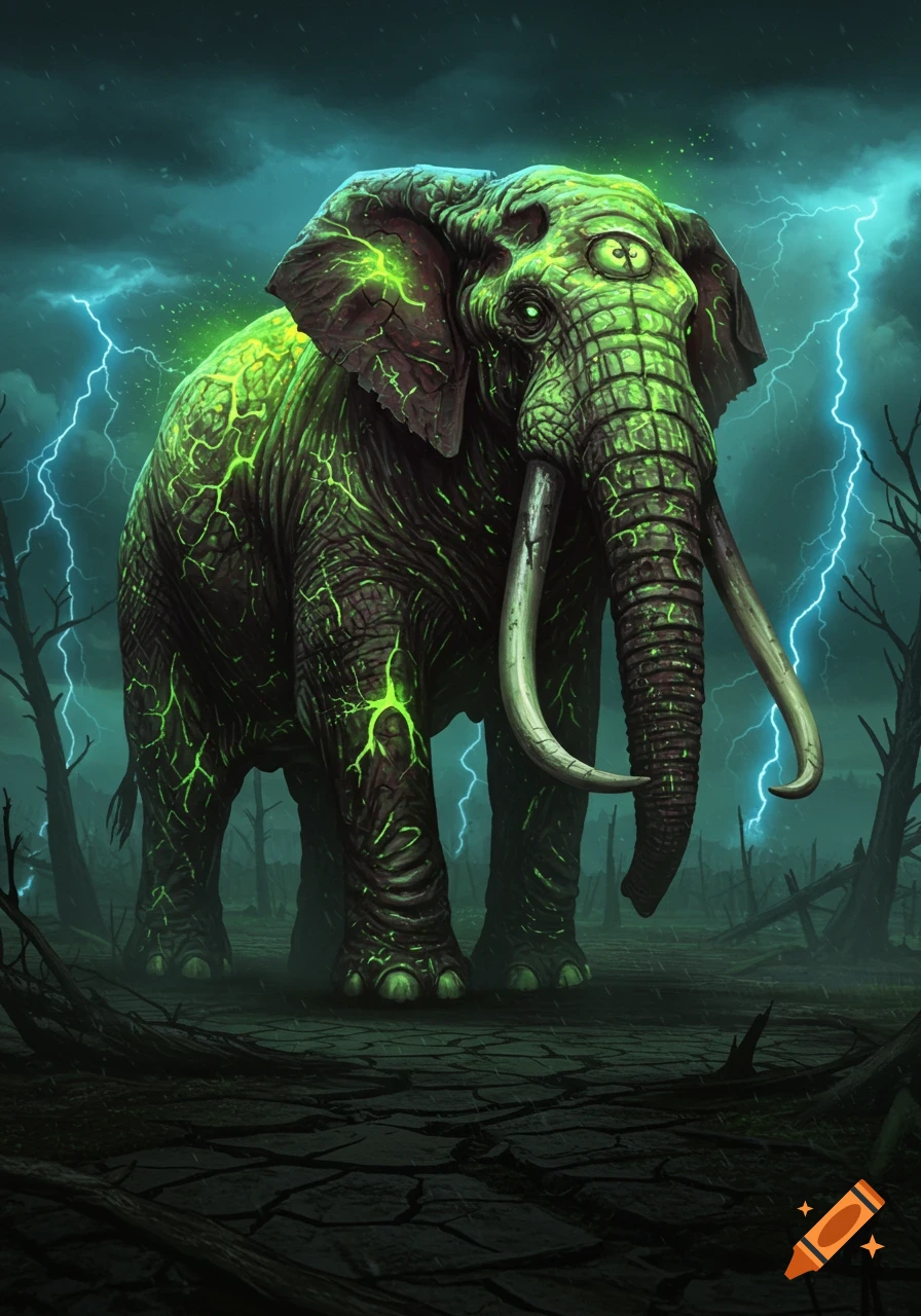 A large, green, mutant elephant with glowing veins and multiple eyes stands in a desolate, storm-ridden landscape with lightning.