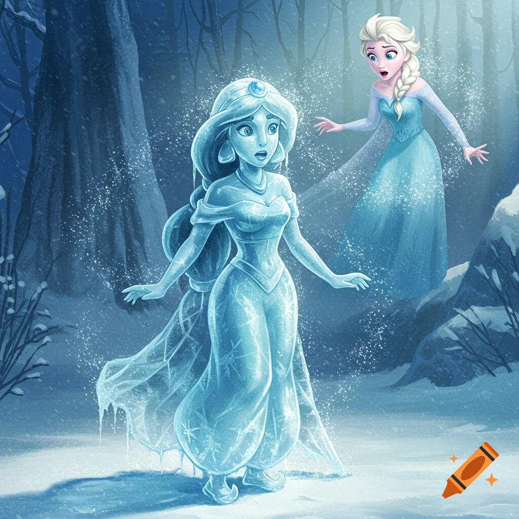 Princess Jasmine transformed into an ice statue in a snowy forest, as Elsa looks on with a surprised expression.