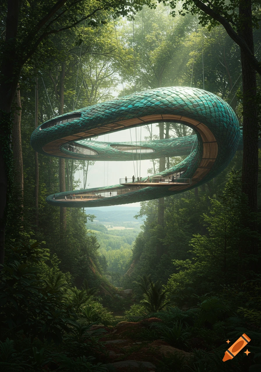 A photorealistic snake-shaped building with green scales and large windows suspended by wires in a lush forest valley.