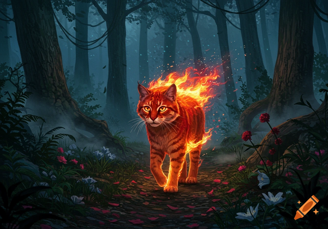 A fiery orange cat with glowing eyes walks through a dark, mystical forest.