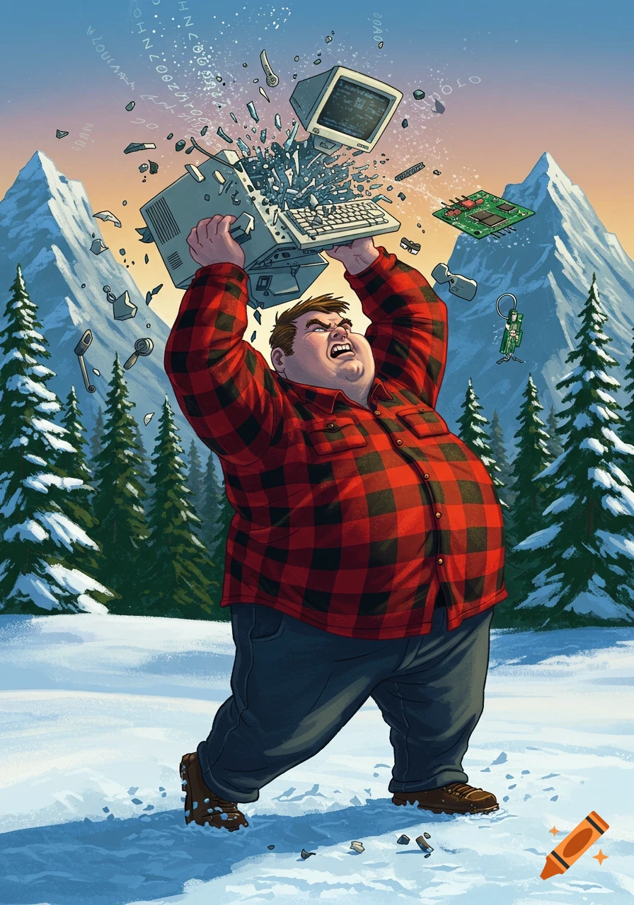 An angry, overweight man in a red plaid shirt smashes an old computer, shattering it into pieces, in a snowy mountain landscape.