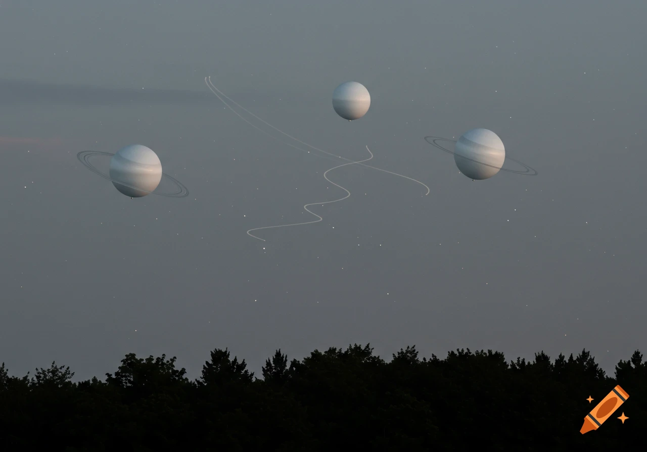Three planet-like spheres, two with rings and one without, float in a dull gray twilight sky with faint stars and white trails, above a dark tree line.