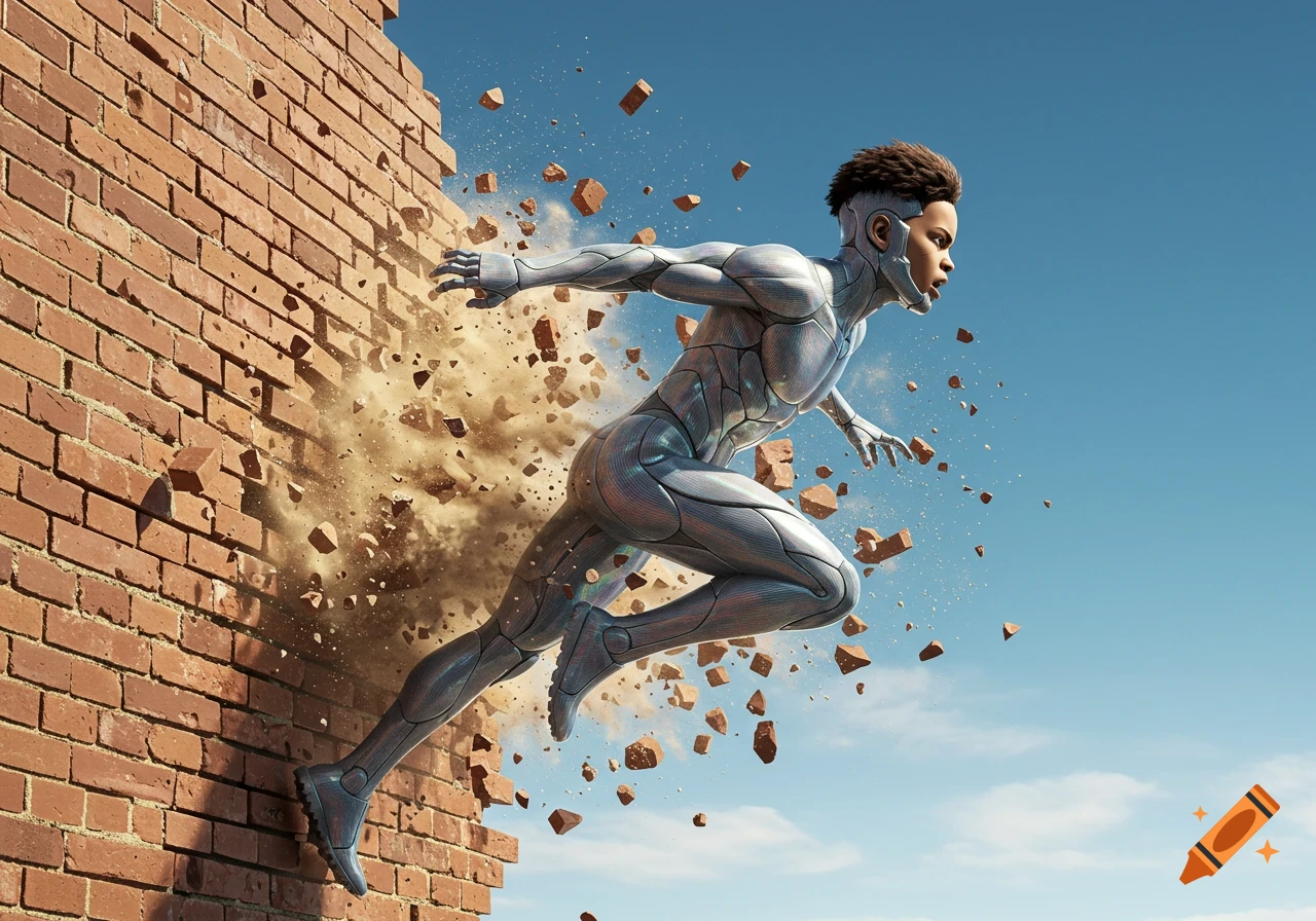A person in a metallic suit bursts through a brick wall, sending debris flying, against a clear blue sky.