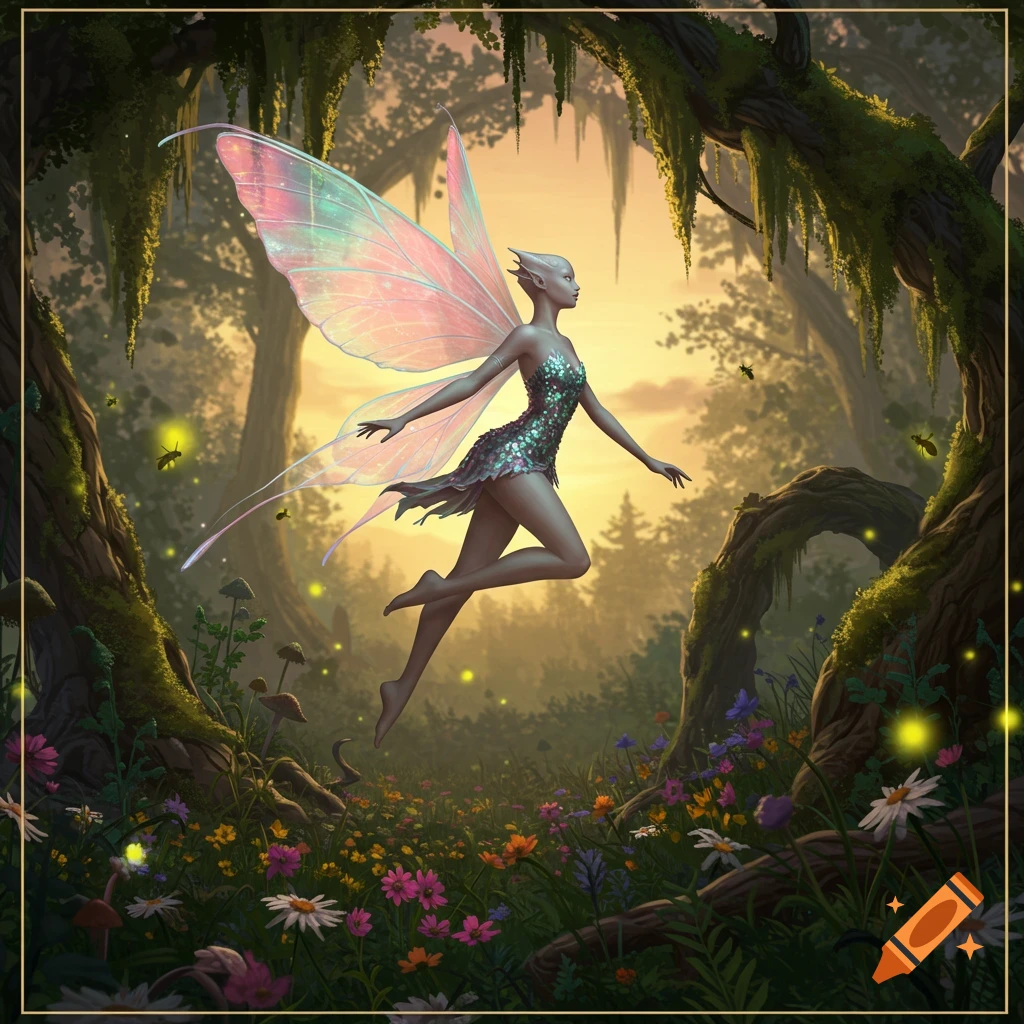 A winged fairy with iridescent wings floats through an enchanted forest filled with flowers and fireflies at sunset in a fantasy art style.