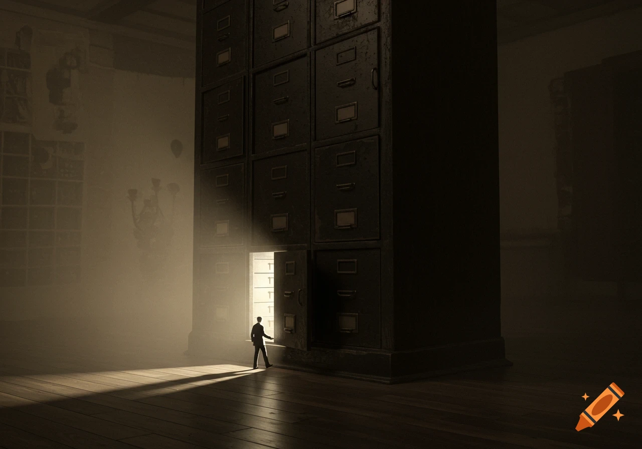 A small figure walks towards a brightly lit, open drawer of a gigantic file cabinet in a dark, hazy room, casting a long shadow on the wooden floor.