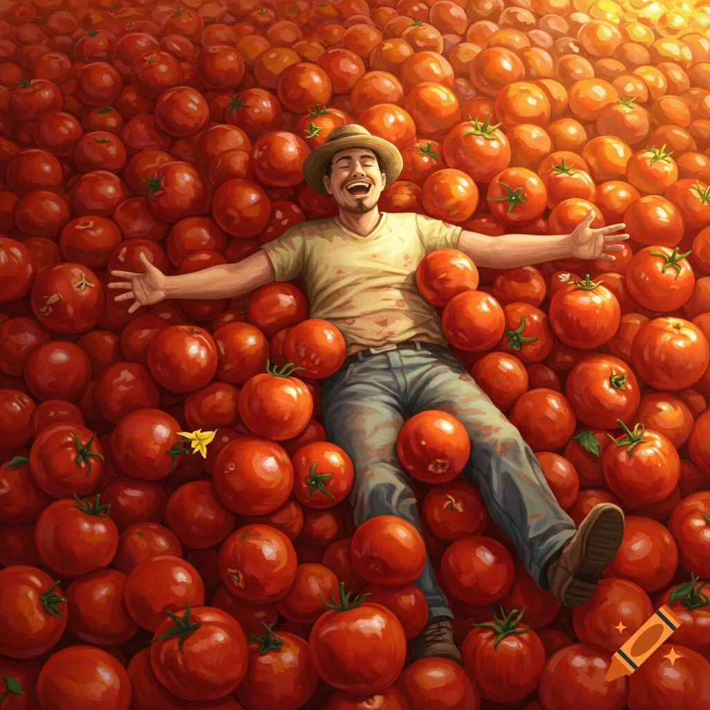 A joyful man lies spread-eagled in a vast pile of ripe red tomatoes, basking in the sunlight.