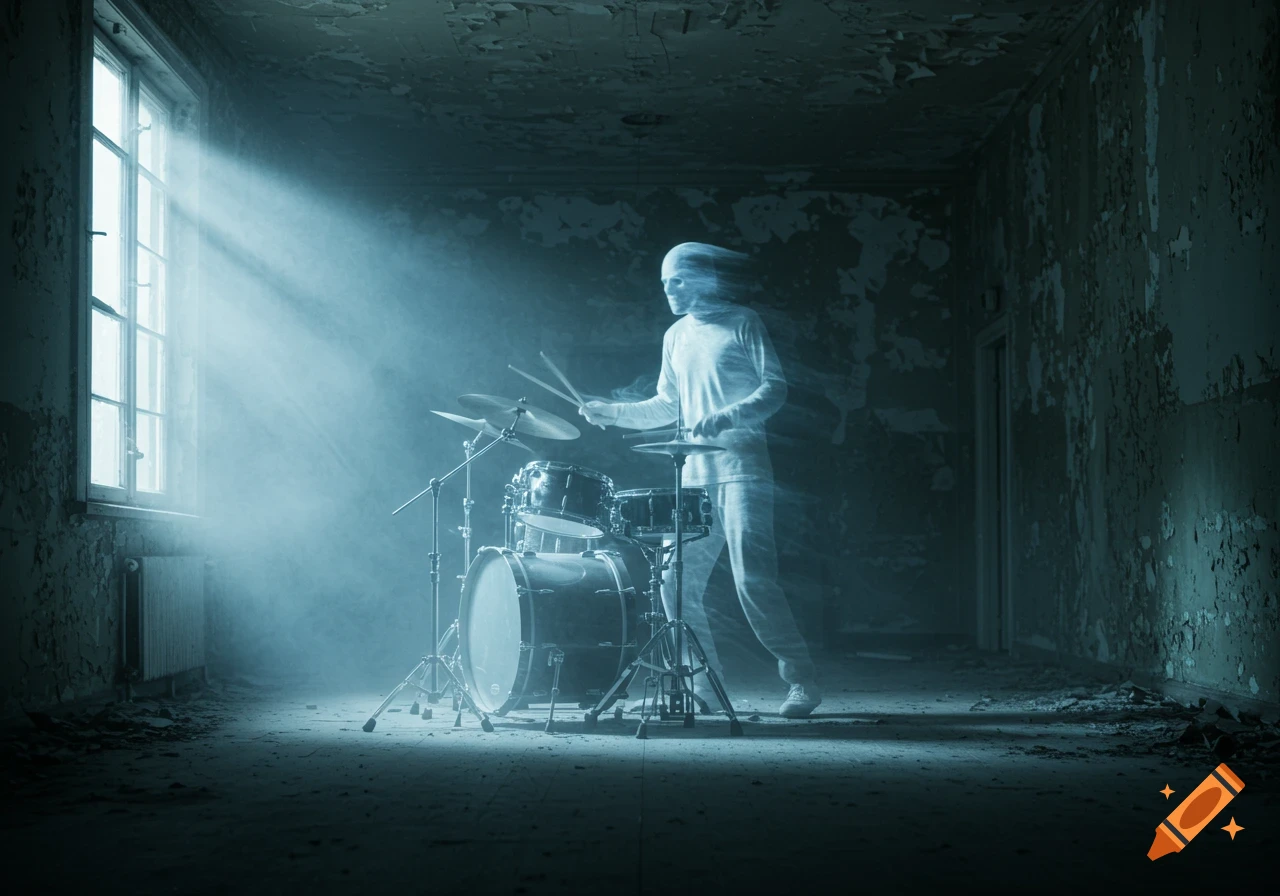 A translucent, ghostly figure with motion blur plays a drum set in a dark, dusty, and dilapidated room, illuminated by rays of light from a tall window.