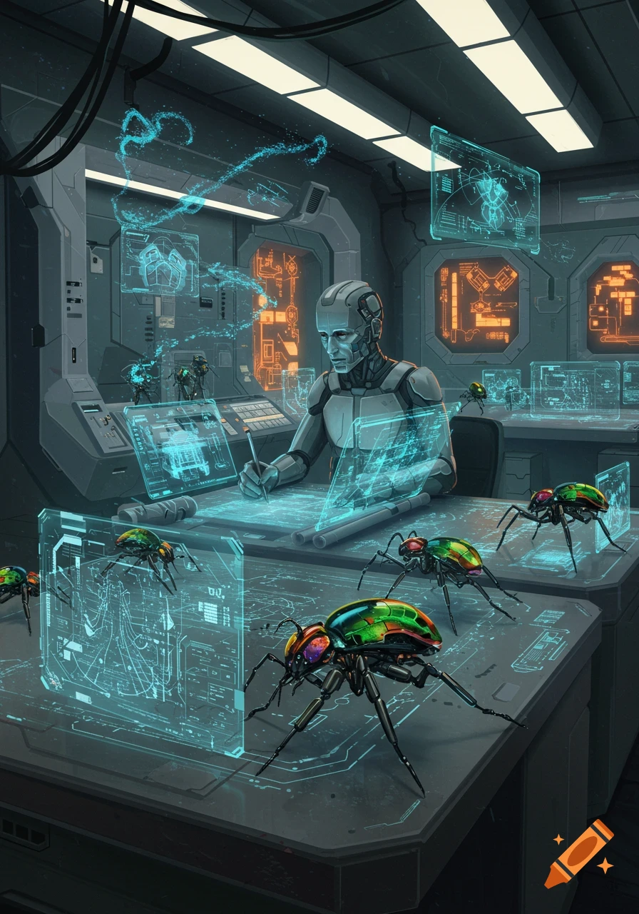 A robot architect works at a desk in a futuristic lab, surrounded by glowing holographic screens and large, colorful cybernetic insects.