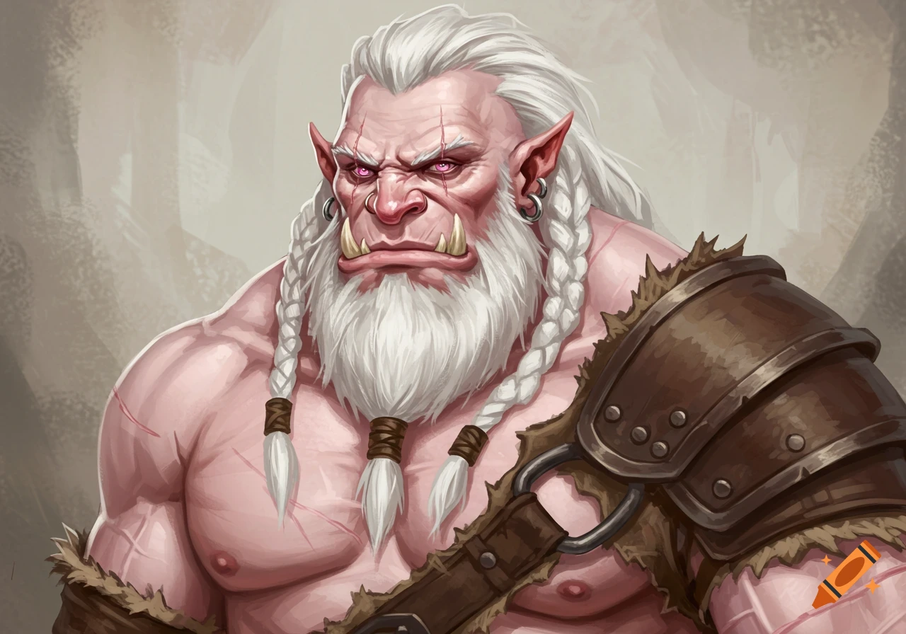Close-up portrait of an albino half-orc barbarian with white braided hair, white beard, pink eyes, tusks, scars, and leather armor.