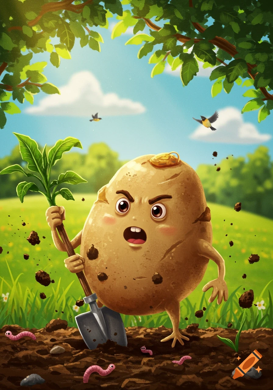 An angry cartoon potato character holding a shovel, digging in dirt among pink worms under a bright sky with green leaves.