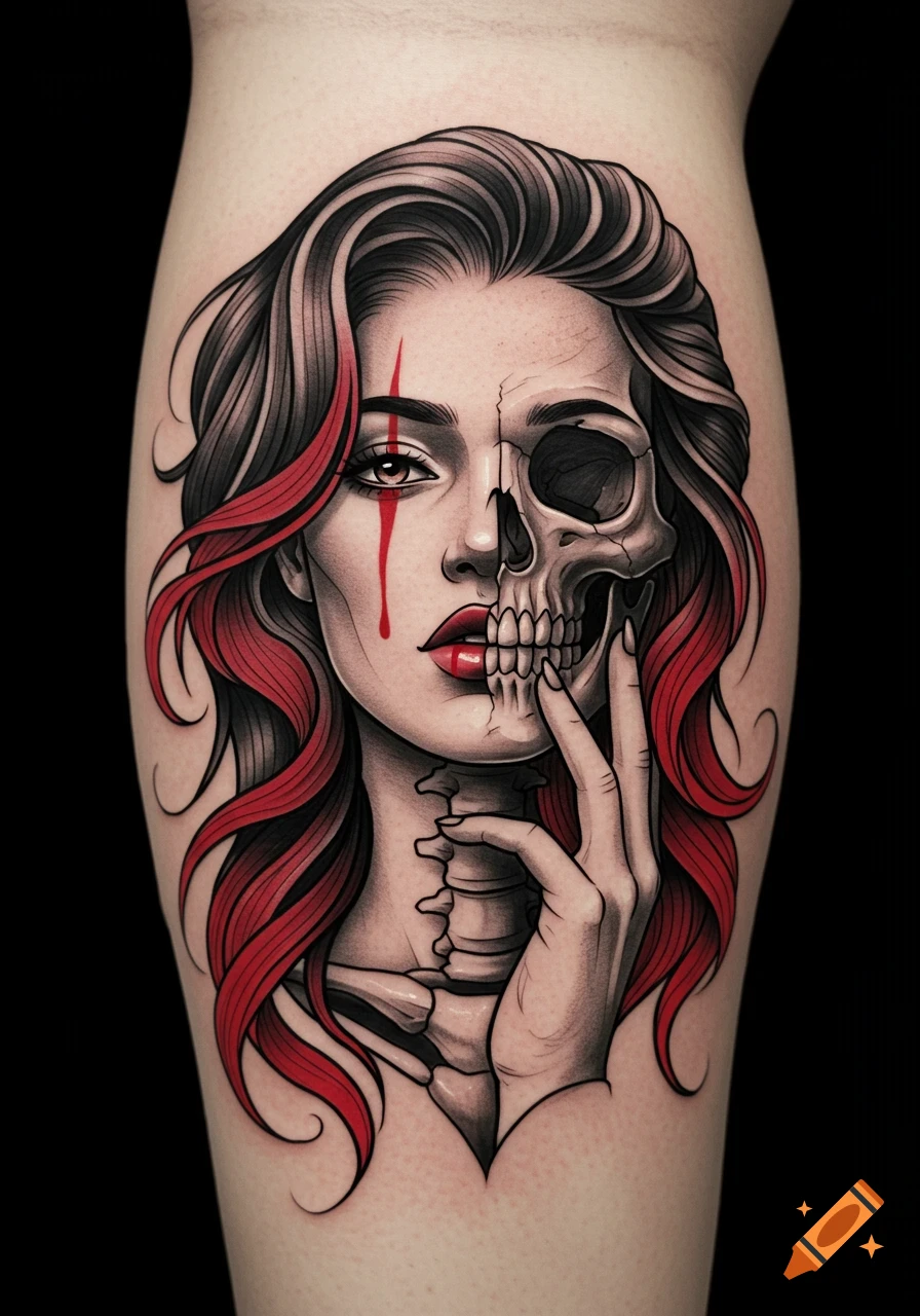 A stylized tattoo of a woman's face splitting into a human half and a skull half, with red hair and blood-like accents.
