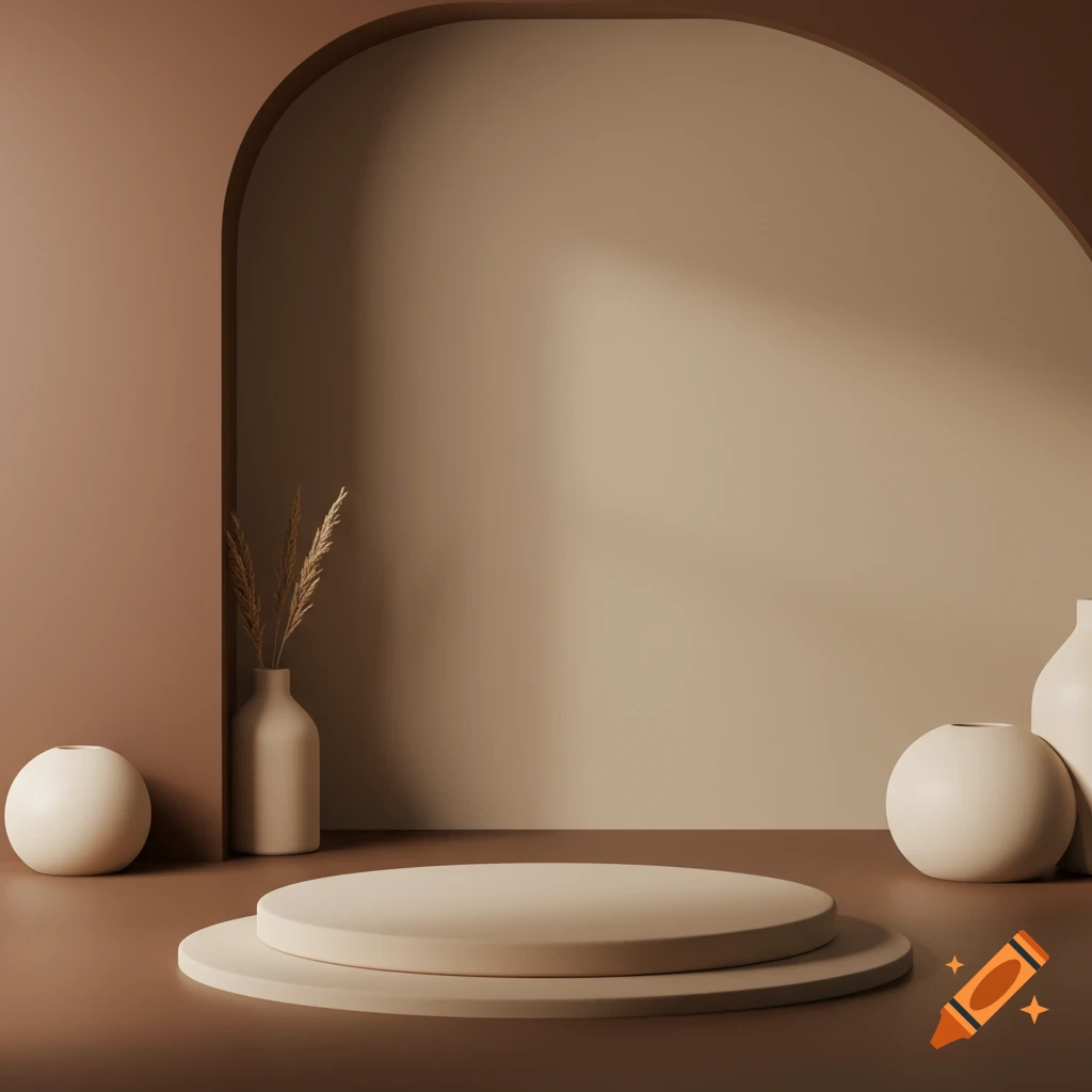 A minimalist product display room with beige and brown walls, an arched niche, a circular podium, and decorative vases.