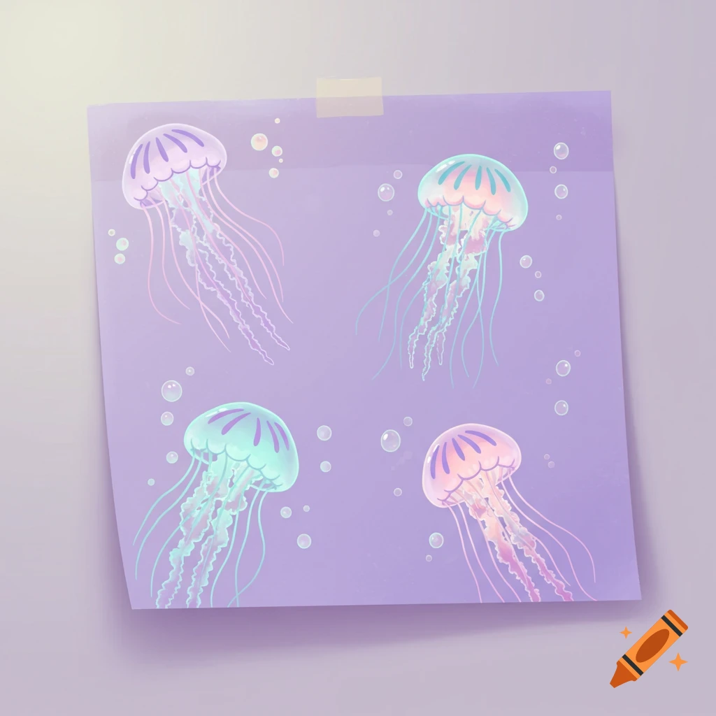 A purple sticky note with four cute, colorful jellyfish designs and small bubbles, taped to a light purple wall.