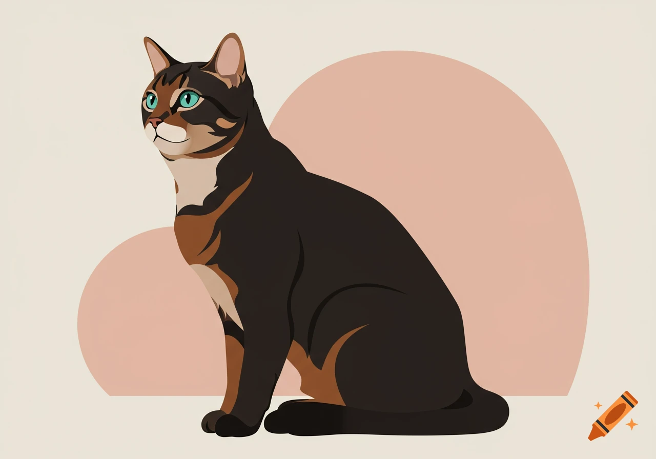 A black and brown cat with blue eyes sitting in a vector art style against a pink and beige background.