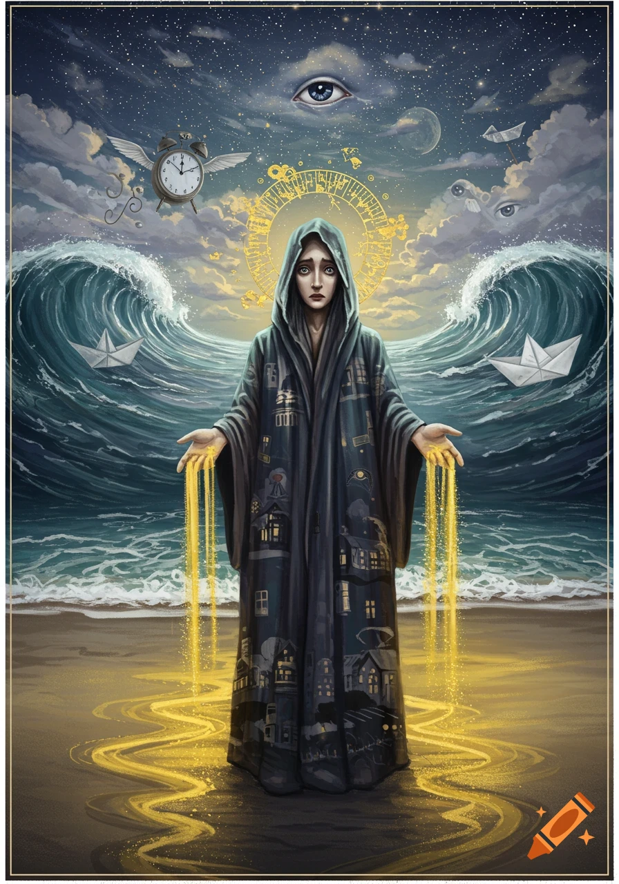 Surreal painting of a cloaked figure on a beach, golden sand pouring, with huge waves, a starry sky, a winged clock, and eyes.