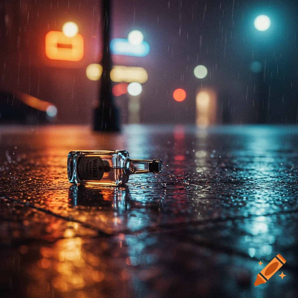 A discarded vodka bottle lies on a wet, rainy street at night, reflecting colorful neon lights from buildings.