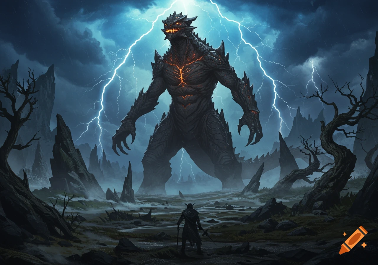 A lone warrior faces a giant dark monster with glowing orange patterns in a stormy, lightning-filled fantasy landscape.