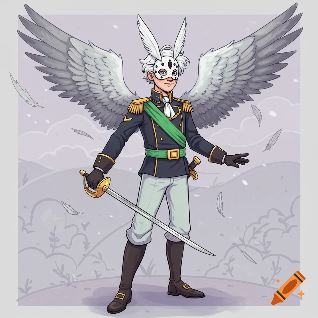 A cartoon young male character with white hair, a bunny mask, gray wings, and a military uniform stands holding a rapier.