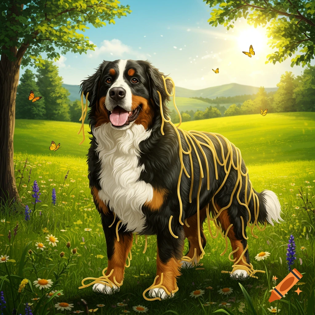 A happy Bernese Mountain Dog covered in spaghetti stands in a sunny, green meadow with flowers and butterflies.
