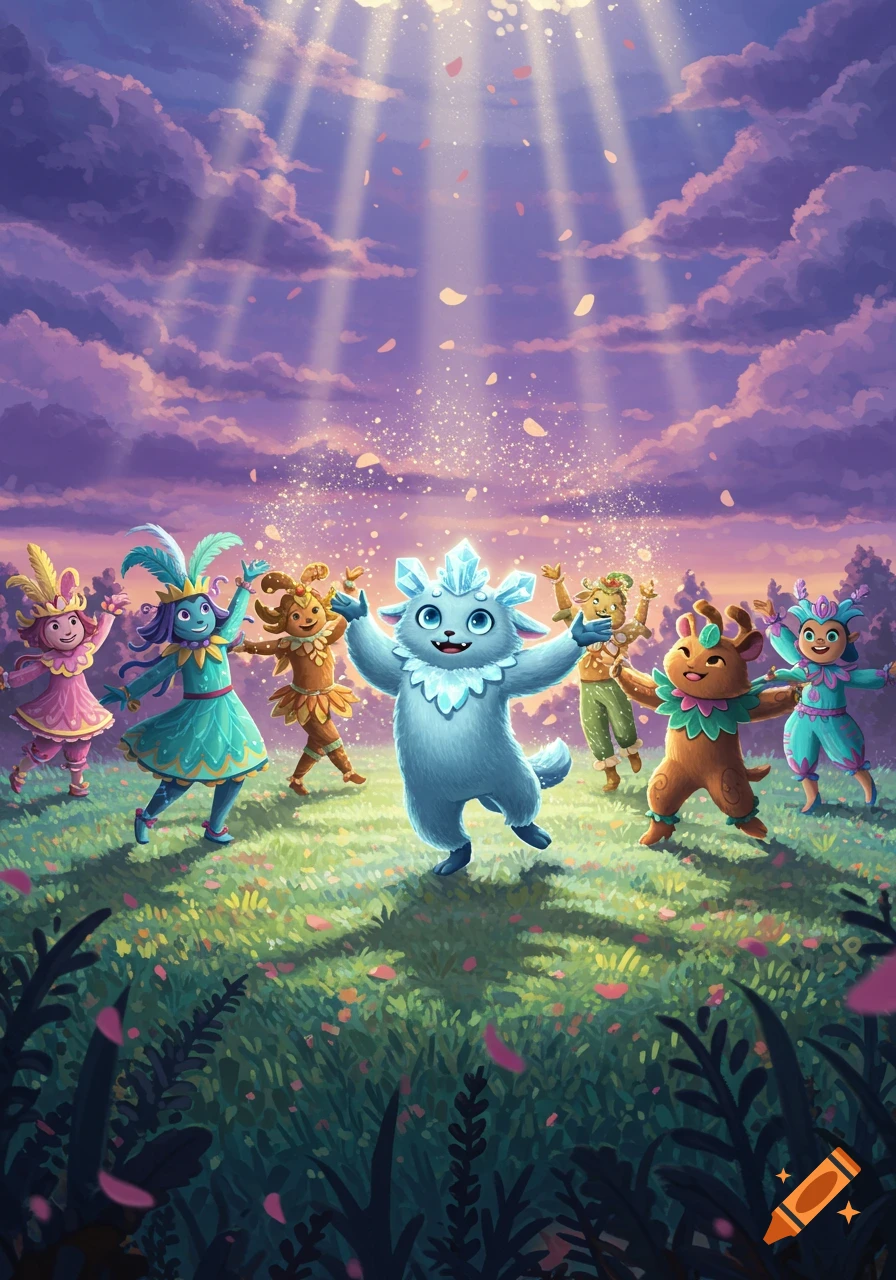 Whimsical cartoon characters dancing in a vibrant field under a magical sky with light rays and falling petals.
