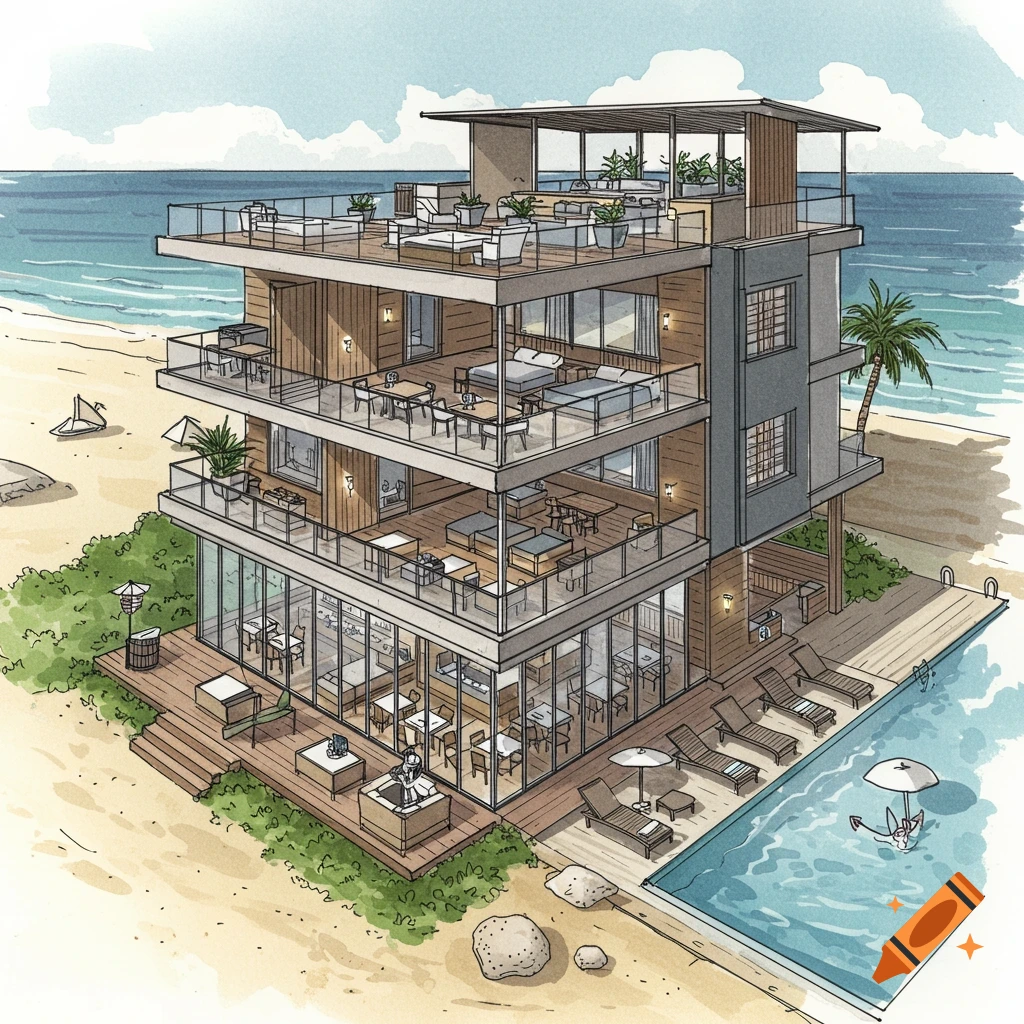 Illustrated view of a three-story beach inn with balconies, a rooftop bar, a restaurant, and a poolside area next to the ocean.