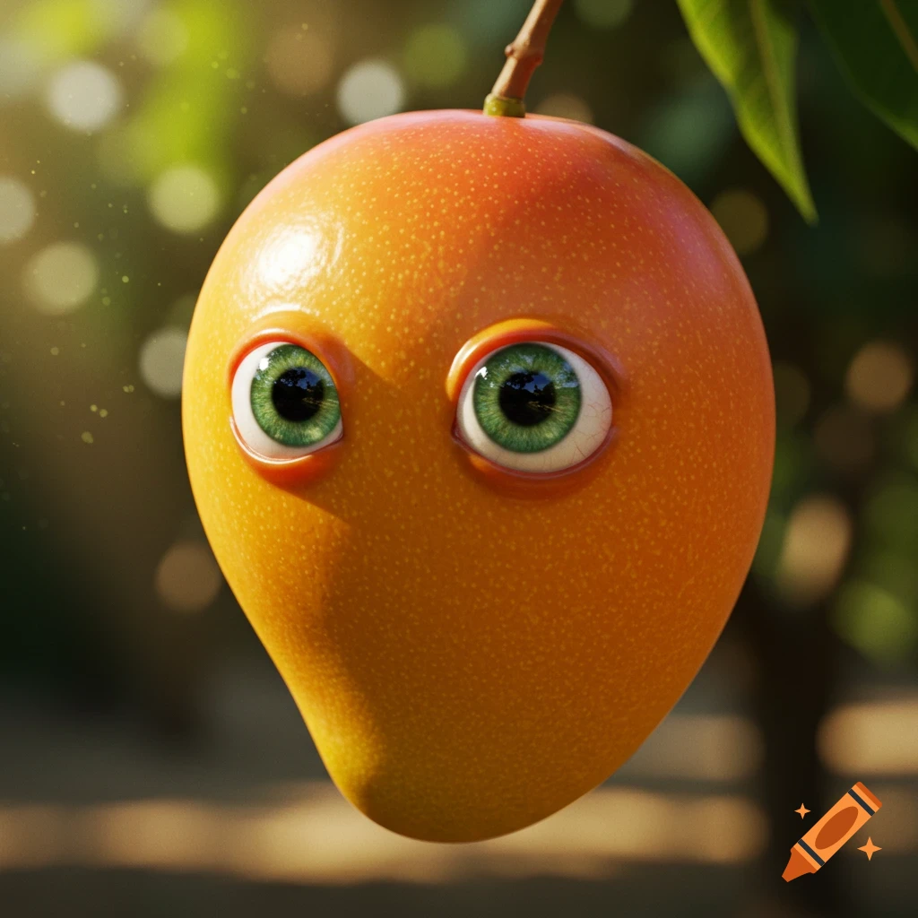 Photorealistic mango with large green eyes hanging from a tree branch.
