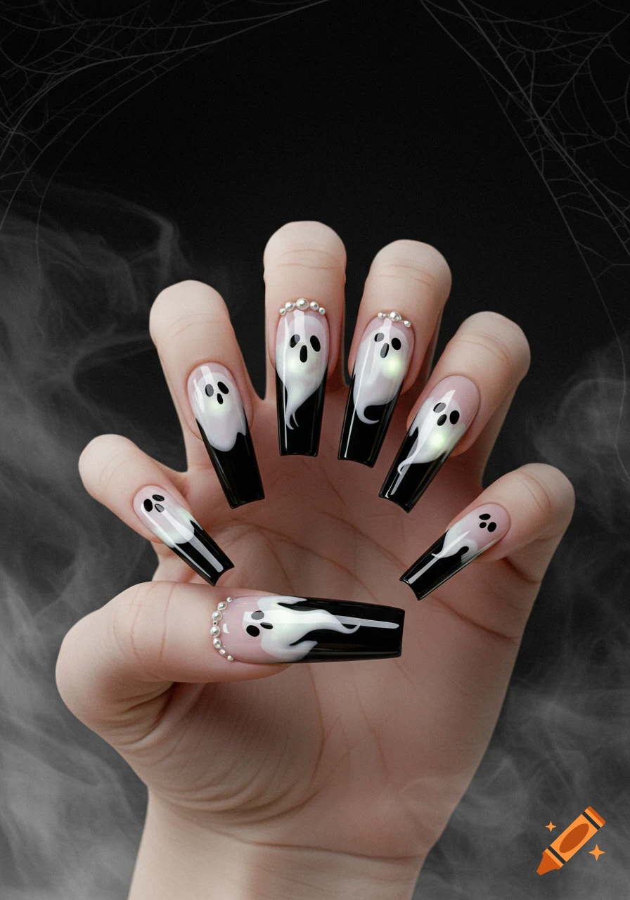 A hand with long coffin-shaped Halloween nails, featuring black French tips, white ghost designs, and pearl accents on a dark, smoky background.