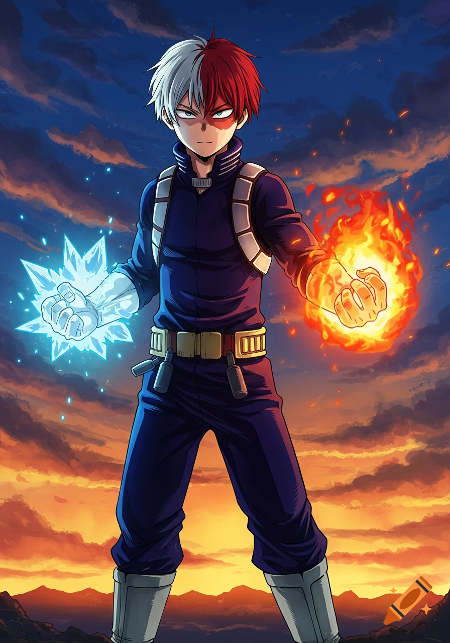 Anime character Shoto Todoroki with red and white hair, wielding ice on his left hand and fire on his right, against a sunset sky.