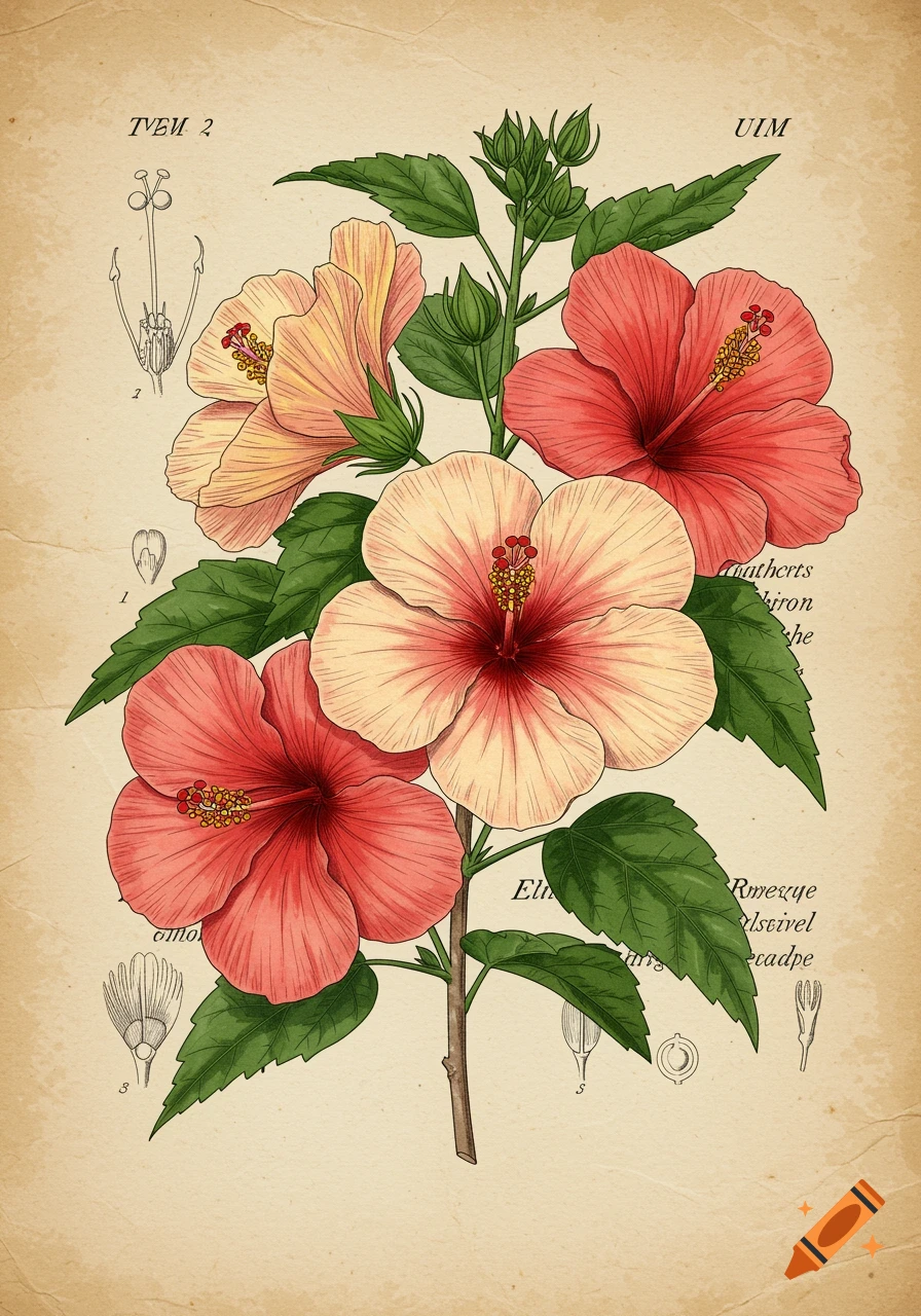 Vintage botanical illustration of red and peach hibiscus flowers with green leaves on aged paper, showing diagrammatic details.