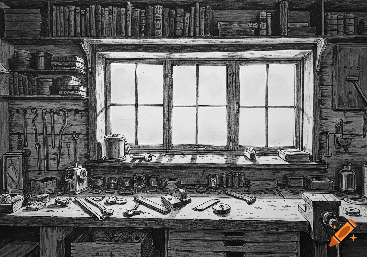 A detailed black and white drawing of a cluttered workbench below a window, with tools, objects, and bookshelves above.