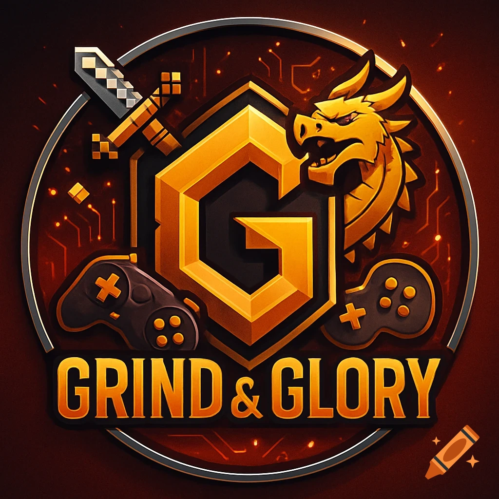 A gold and black gaming logo with a large "G", a dragon head, a pixelated sword, game controllers, and the text "GRIND & GLORY".