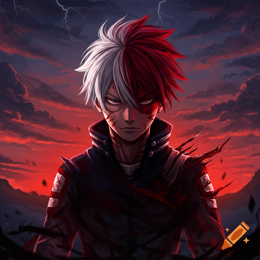 Anime guy with split red and white hair, scars, and an intense expression, against a dramatic red stormy sky.