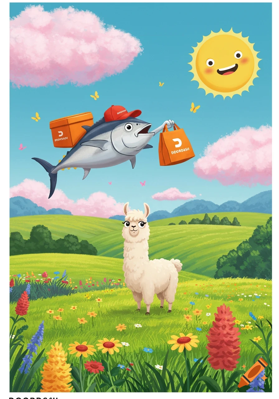 A cartoon tuna in a cap carries a DoorDash delivery bag and box while flying towards a llama standing in a vibrant green field under a smiling sun.
