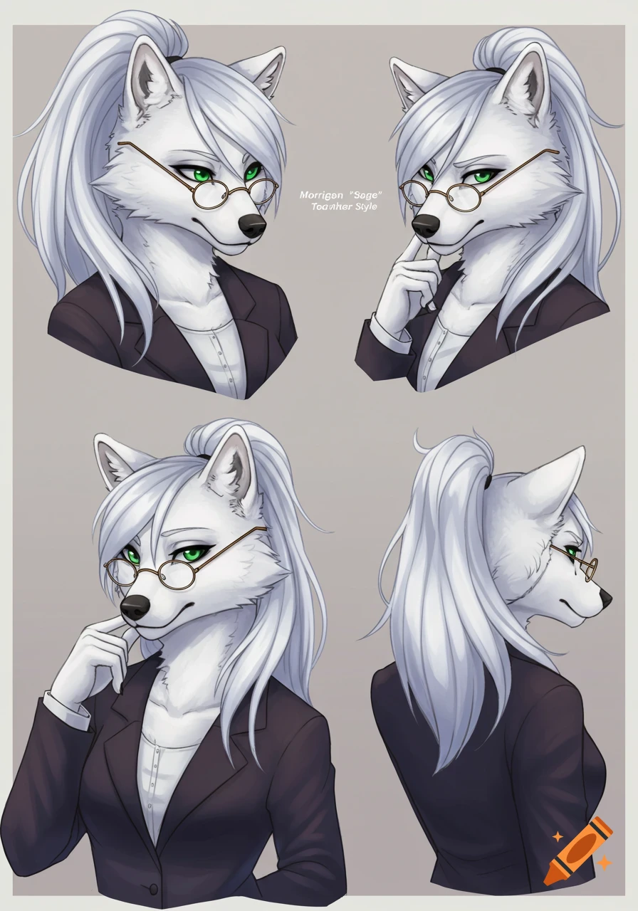 A character sheet with four views of Morrigan "Sage" White, an anthropomorphic Arctic wolf with long white hair in a ponytail, green eyes, and glasses, wearing a dark suit jacket and white shirt.