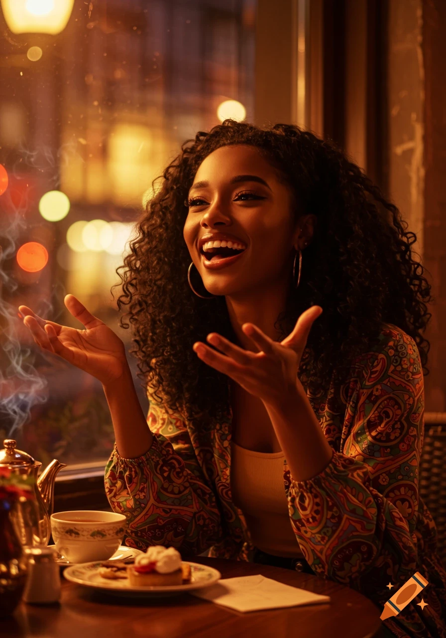 A young Black woman with curly hair laughs and gestures in a warm, dimly lit cafe with a teapot and dessert.