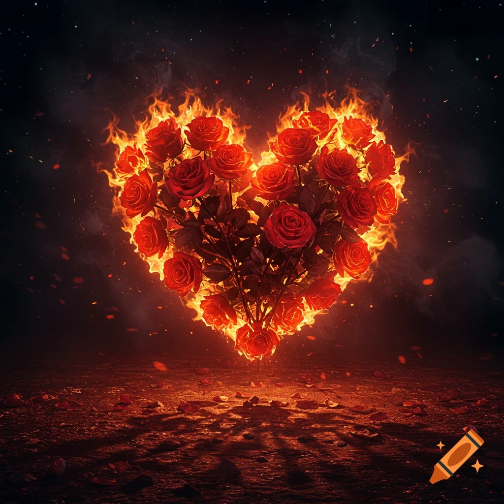 A heart-shaped bouquet of red roses engulfed in vibrant flames, set against a dark, smoky background with embers falling.