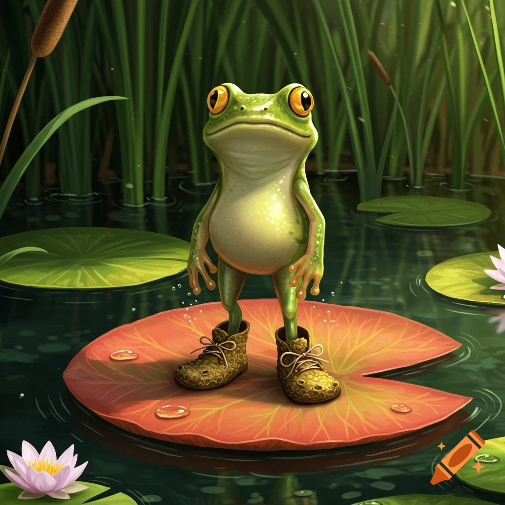 A cartoonish green frog stands upright on a red lily pad, wearing bumpy green shoes, in a pond with reeds and water lilies.